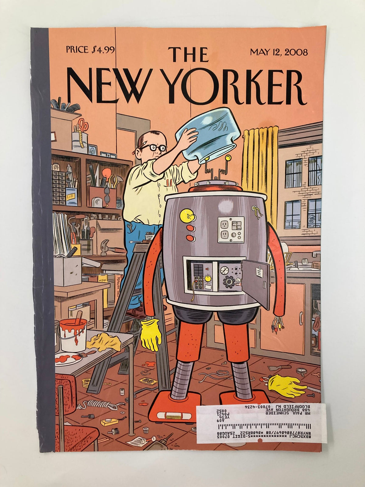 The New Yorker magazine cover from May 12, 2008, illustrating a humorous scene with a man and a robot in a cluttered workshop.