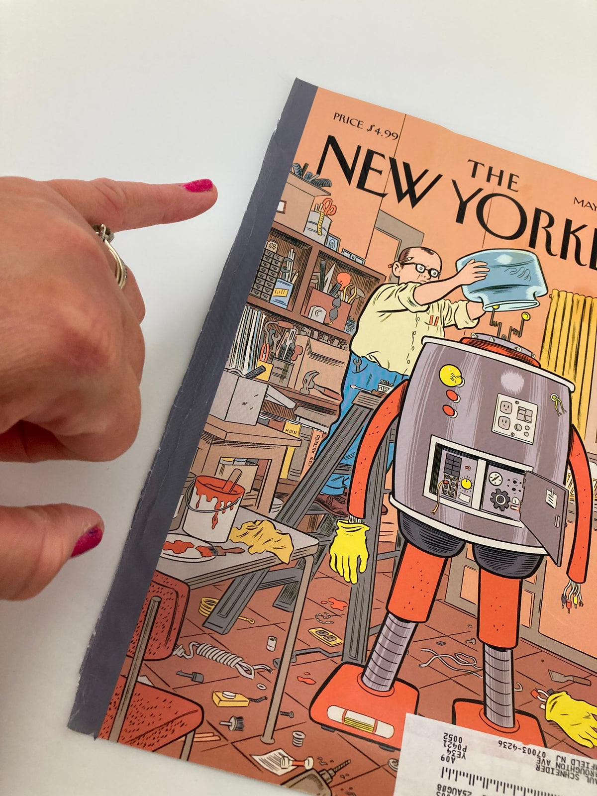 Close-up of The New Yorker May 12, 2008 cover, highlighting the detailed artwork by Dan Clowes with a focus on a man and his robot in a creative space.