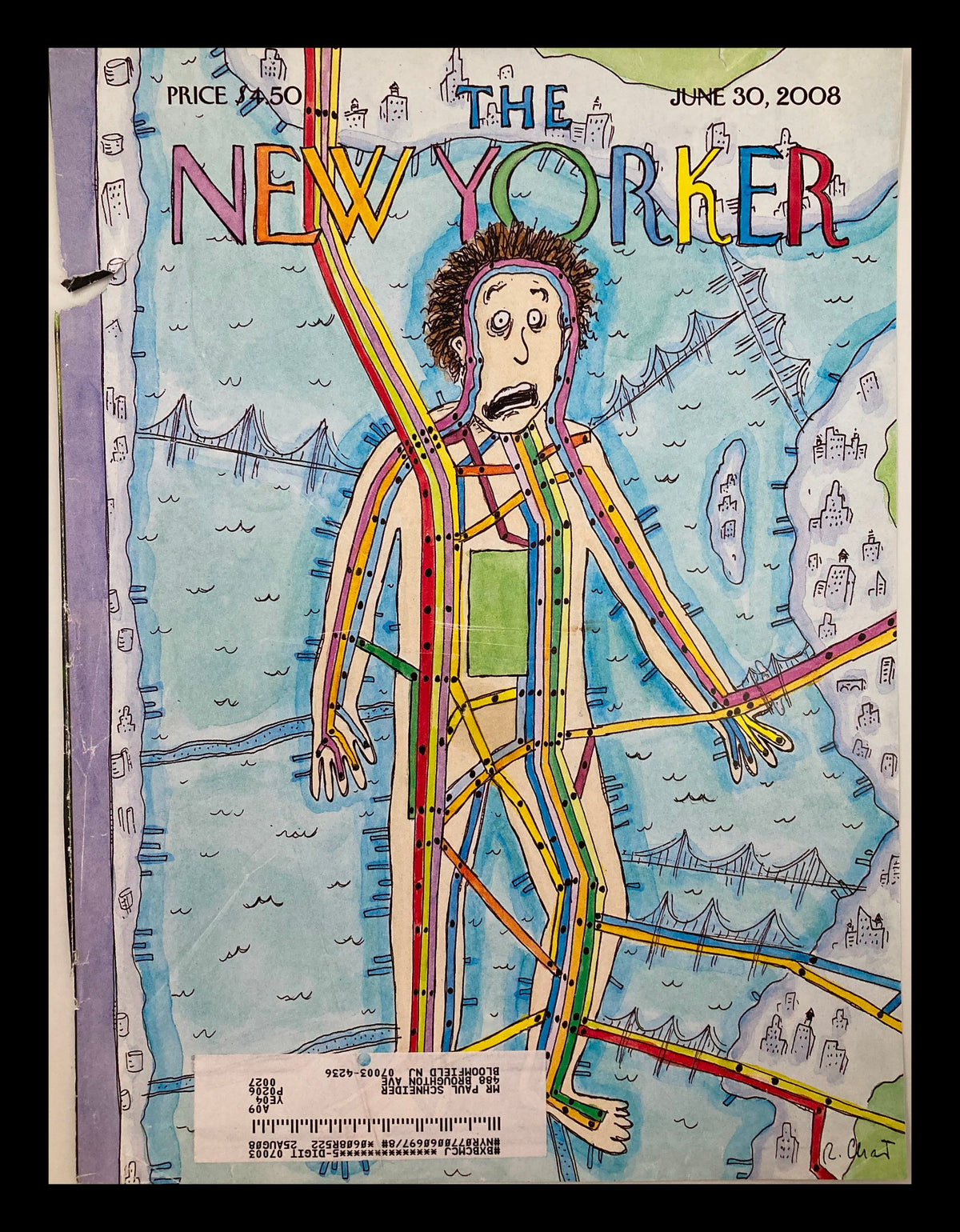 COVER ONLY The New Yorker June 30 2008 Theme Cover Subway Man by Roz Chast featuring a colorful illustration of a subway man surrounded by subway lines and a light blue background.
