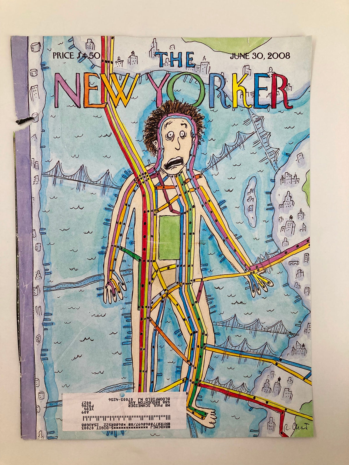 COVER ONLY The New Yorker June 30 2008 Theme Cover Subway Man by Roz Chast showcasing an artistic depiction of a man with an array of subway lines, capturing the essence of urban life.