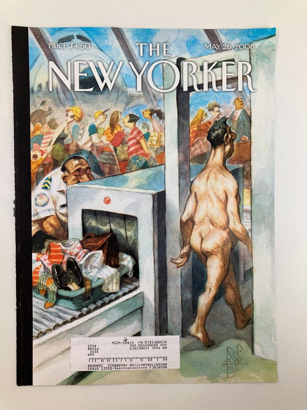 Cover art for The New Yorker, dated May 26, 2008, featuring 'Through The Wringer' by Peter de Seve, illustrating a comedic take on security checks at an airport with a naked figure and onlookers.