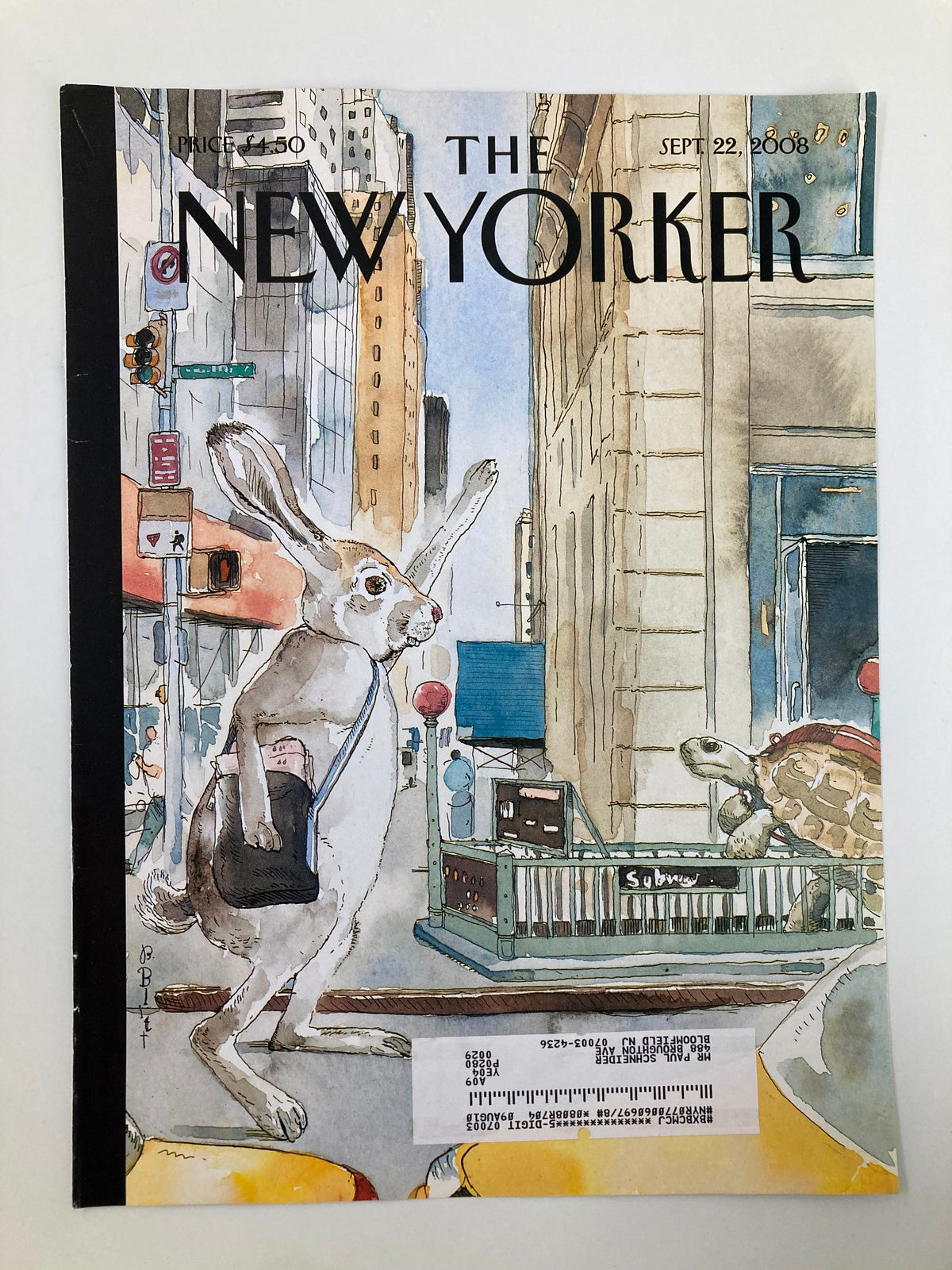 The New Yorker September 22 2008 cover by Barry Blitt depicting a whimsical Rabbit & Turtle Race in an urban setting, featuring playful artwork that captures the essence of the classic fable.