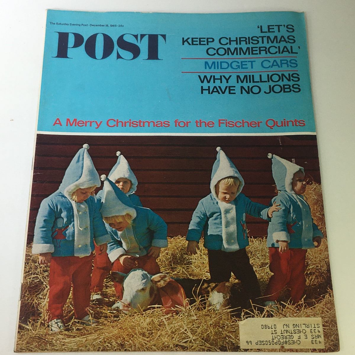 Cover of VTG The Saturday Evening Post December 18, 1965 featuring Fischer Quints in festive attire celebrating Christmas with whimsical art.