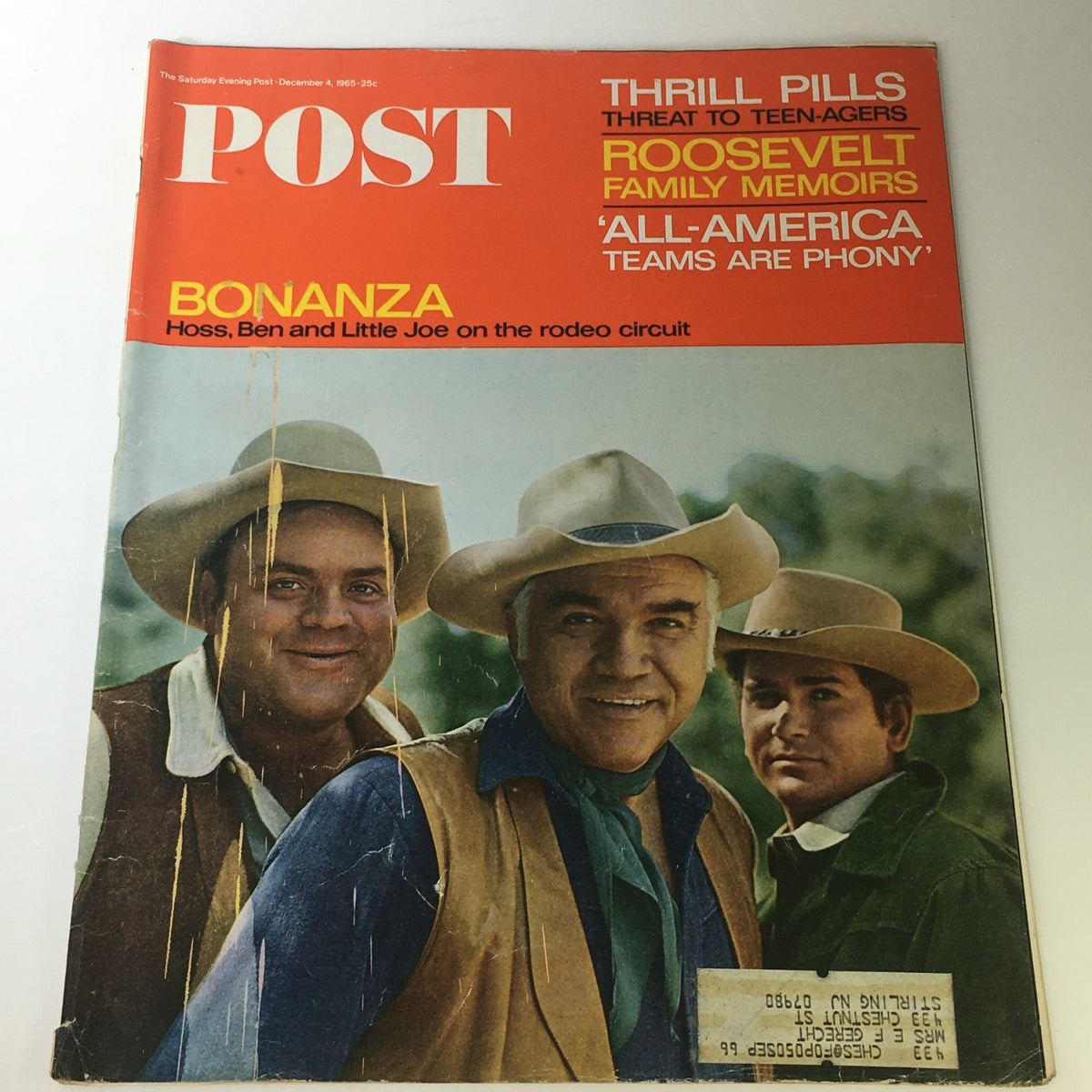Cover of VTG The Saturday Evening Post, December 4, 1965, featuring Hoss, Ben, and Little Joe from the Rodeo Circuit.