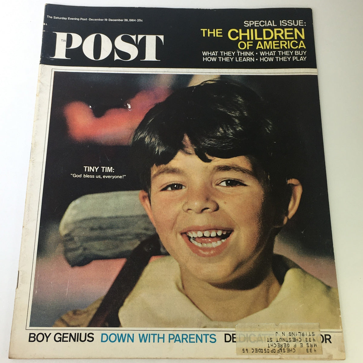 Cover of The Saturday Evening Post from December 19-26, 1964, featuring Boy Genius Tiny Tim with the caption 'God bless us, everyone!' This vintage magazine reflects the charm and culture of the 1960s.