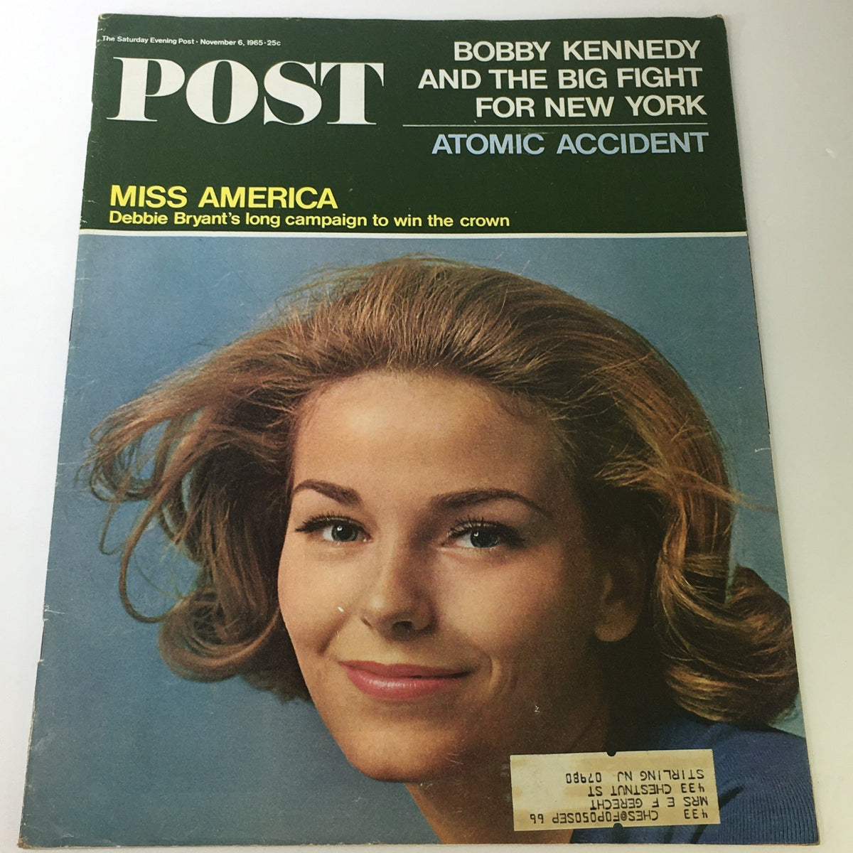 Cover of The Saturday Evening Post dated November 6, 1965, featuring Miss America Debbie Bryant, highlighting her long campaign to win the crown in the context of 1960s Americana.