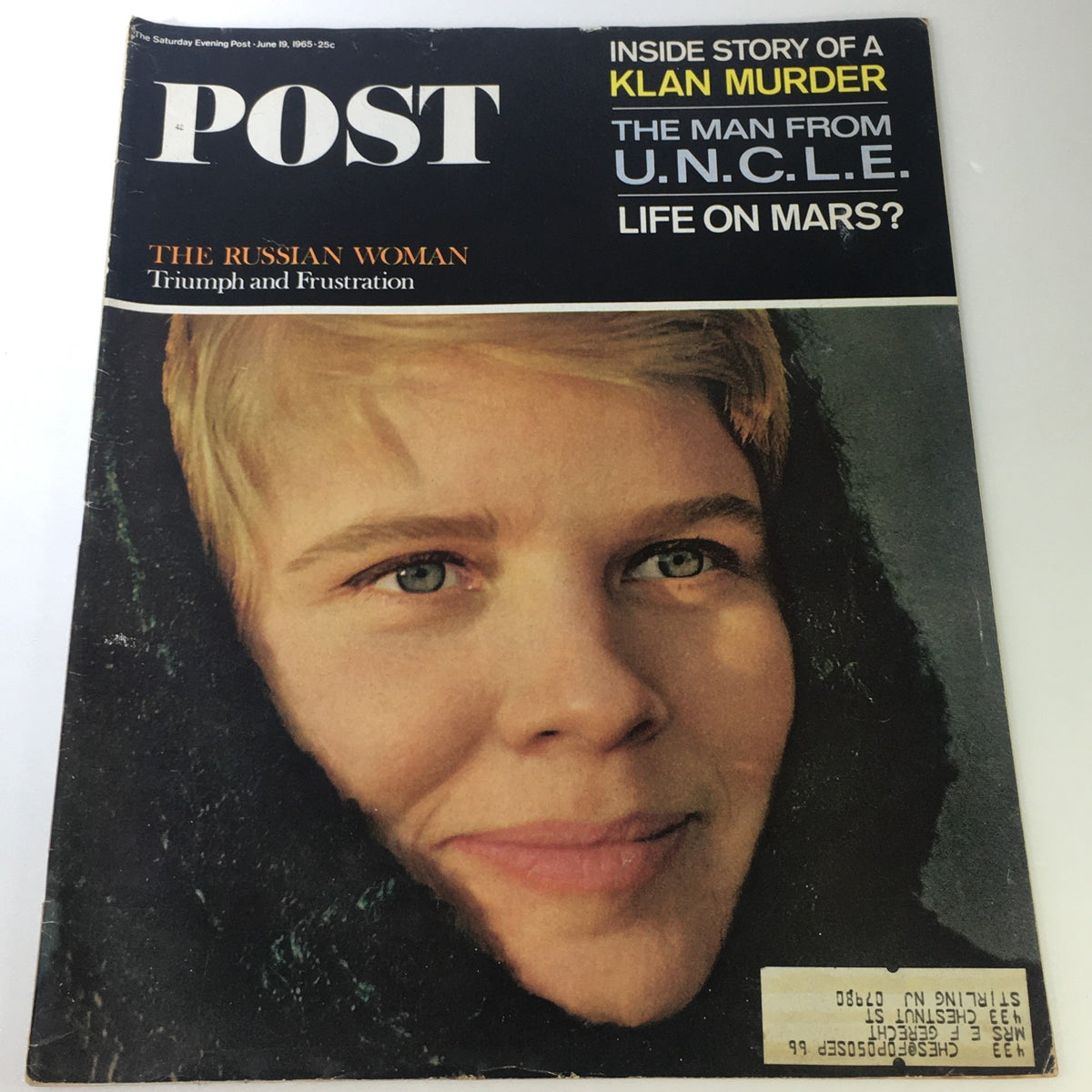 Cover of The Saturday Evening Post, June 19, 1965, featuring an article on the inside story of a Klan murder, with an image of a young woman and headlines about The Man from U.N.C.L.E. and Life on Mars?