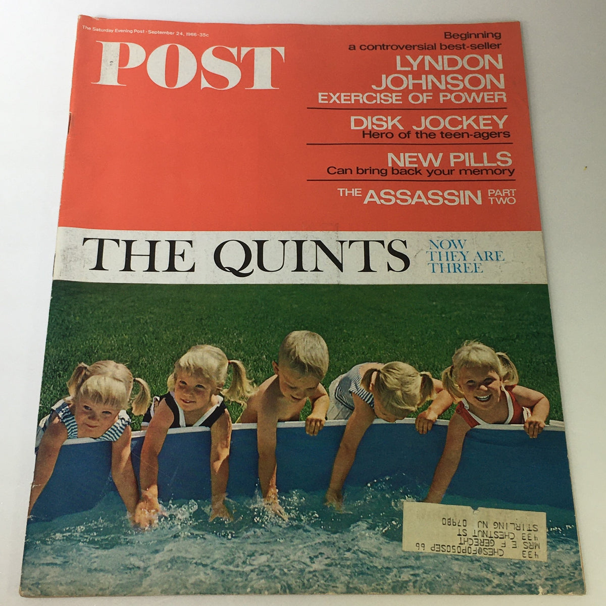 Vintage cover of The Saturday Evening Post from September 24, 1966, featuring the headline 'The Quints Now They Are Three' with an image of four young children playing near a pool.
