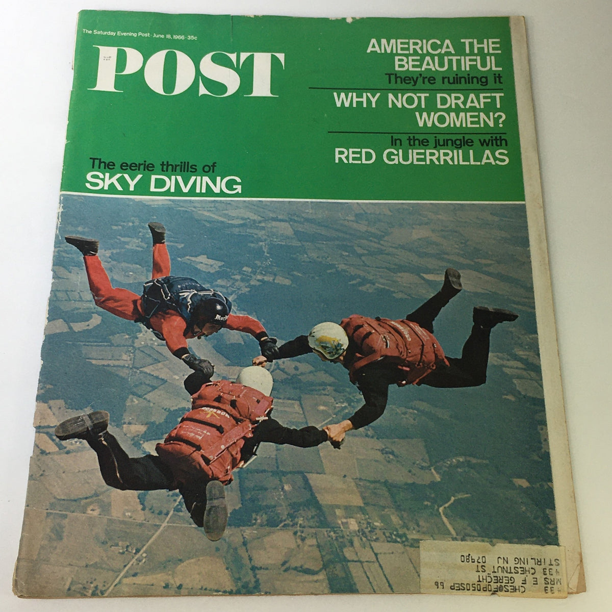 Vintage magazine cover of The Saturday Evening Post, June 18, 1966, featuring an exciting illustration related to the article 'The Eerie Thrills of Sky Diving'.
