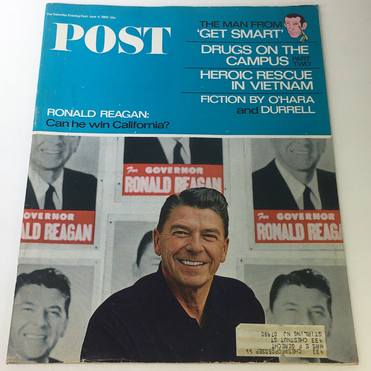 VTG The Saturday Evening Post June 4 1966 cover featuring Ronald Reagan with the headline 'Can he win California?' highlighting his political campaign with vintage advertisements and articles.