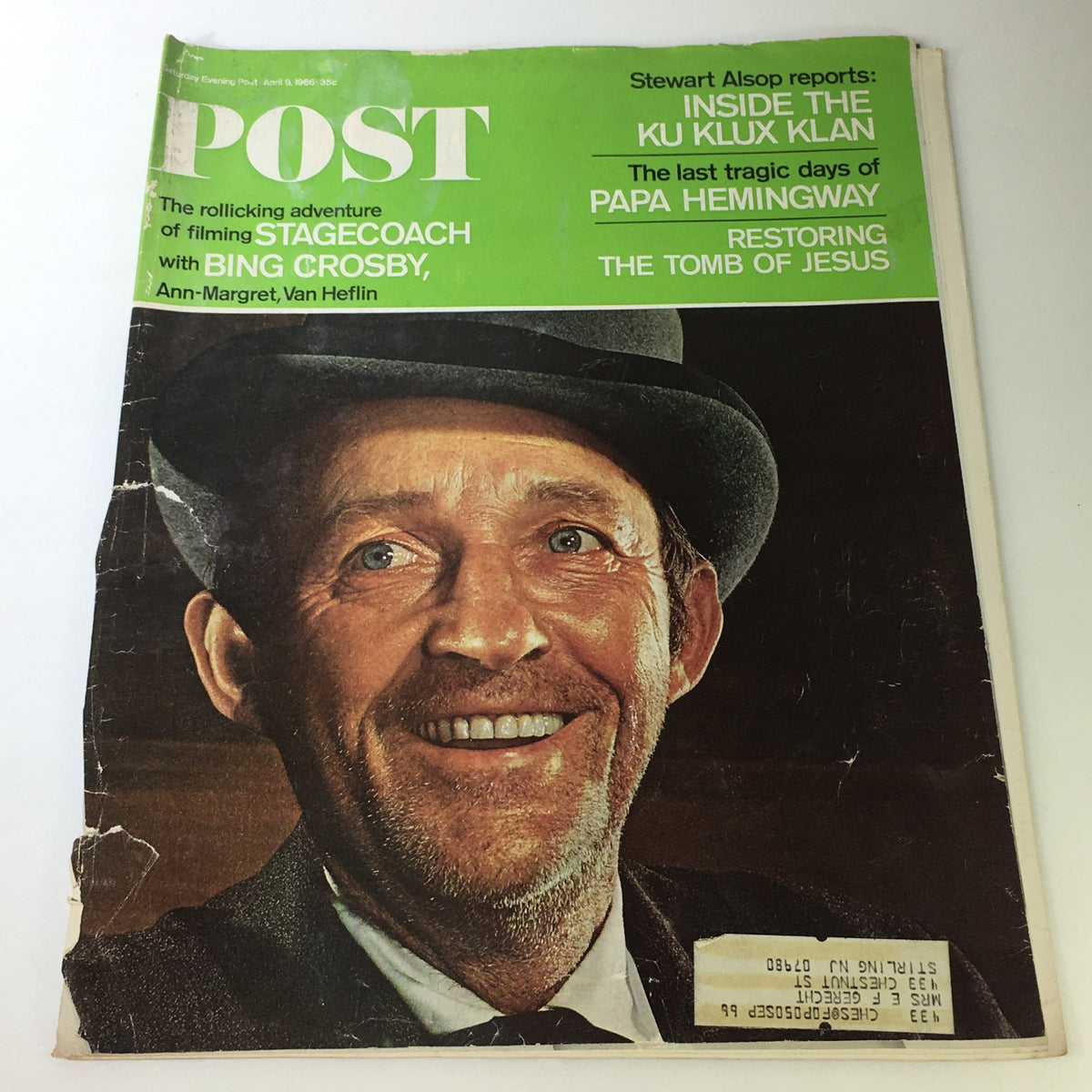Cover of VTG The Saturday Evening Post April 9 1966 featuring Bing Crosby with a stagecoach illustration, showcasing classic Americana and vintage magazine charm.