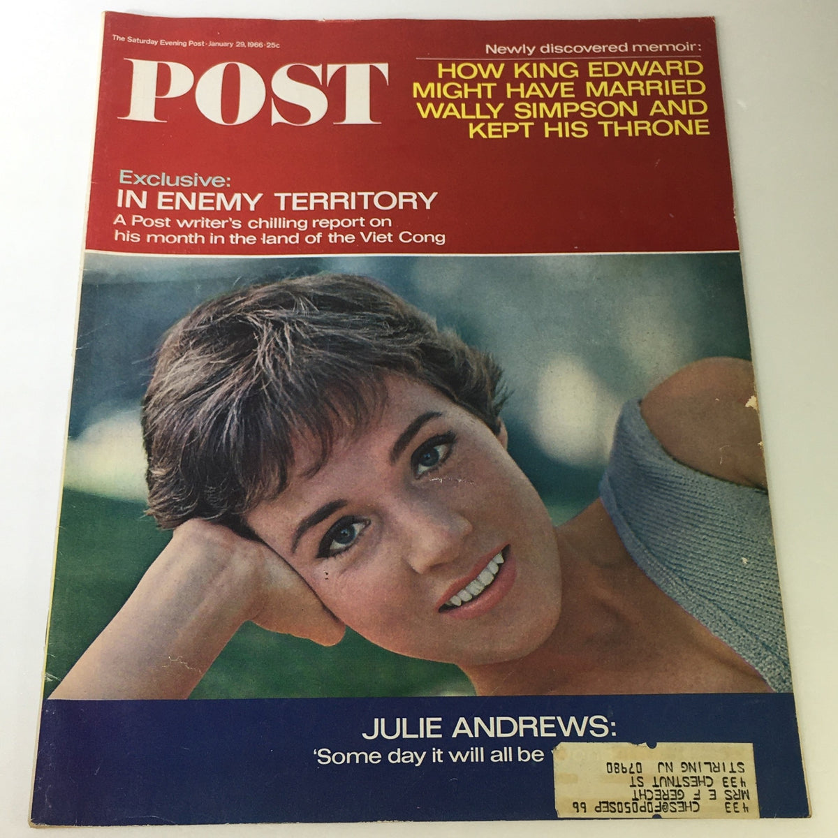 The Saturday Evening Post January 29, 1966 cover featuring Julie Andrews, showcasing an article about Wally Simpson and a chilling report on the Viet Cong.