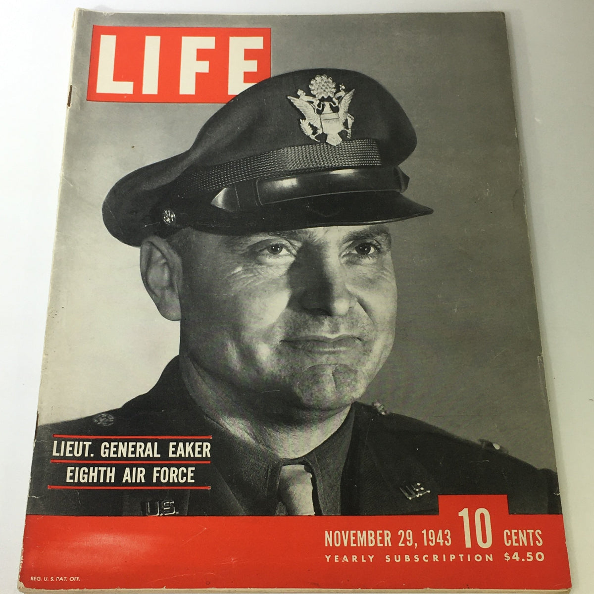 Cover of Life Magazine from November 29, 1943 featuring Lieut. General Ira C. Eaker of the 8th Air Force, showcasing a vintage design and historical significance.