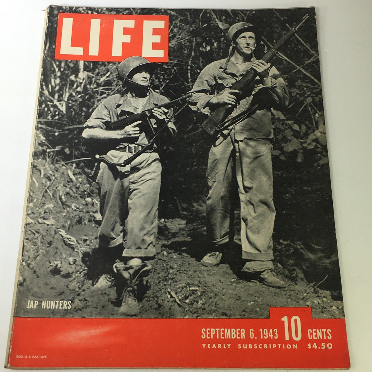 Cover of VTG Life Magazine from September 6, 1943, featuring soldiers depicted as 'Japanese Hunters' with a striking red and black design.