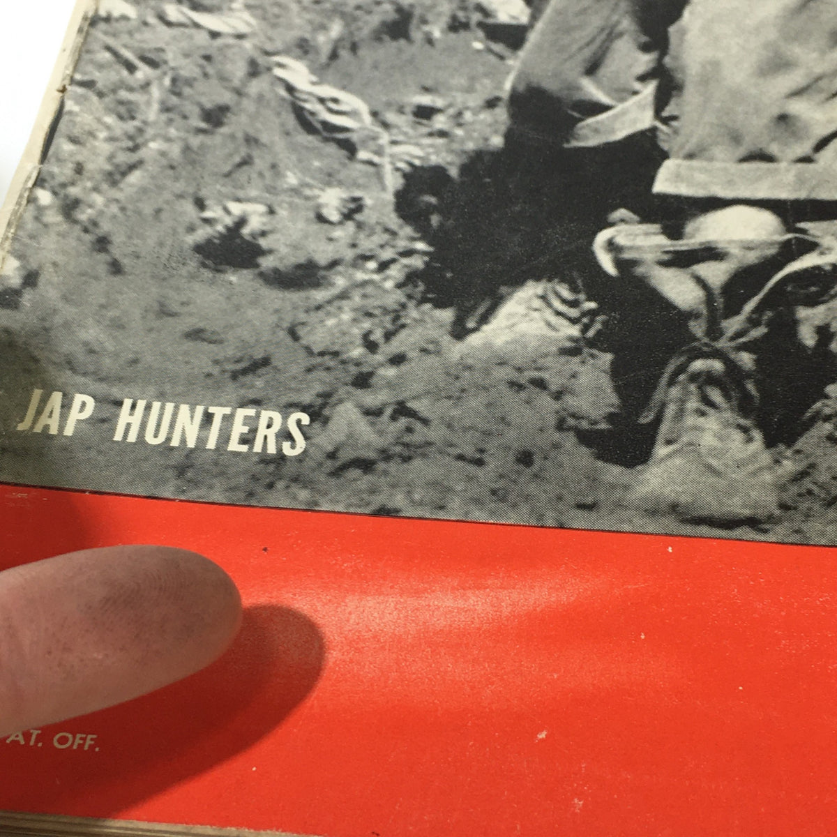 Detailed view of the cover of VTG Life Magazine, highlighting the title 'Japanese Hunters' and featuring a soldier's hand pointing at the text.