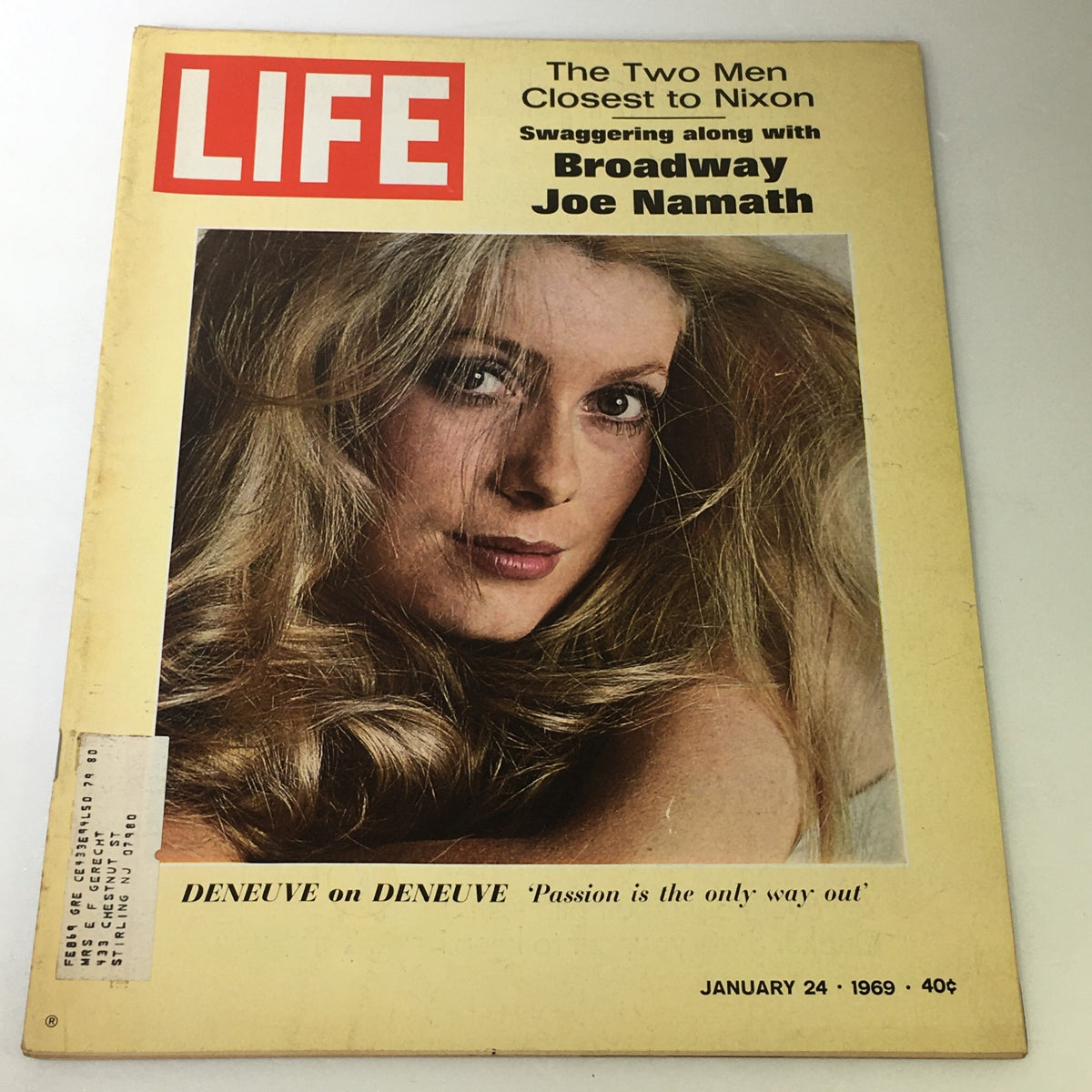 Cover of the vintage Life Magazine dated January 24, 1969, featuring Broadway Joe Namath and Catherine Deneuve, showcasing iconic pop culture elements from the late 1960s.