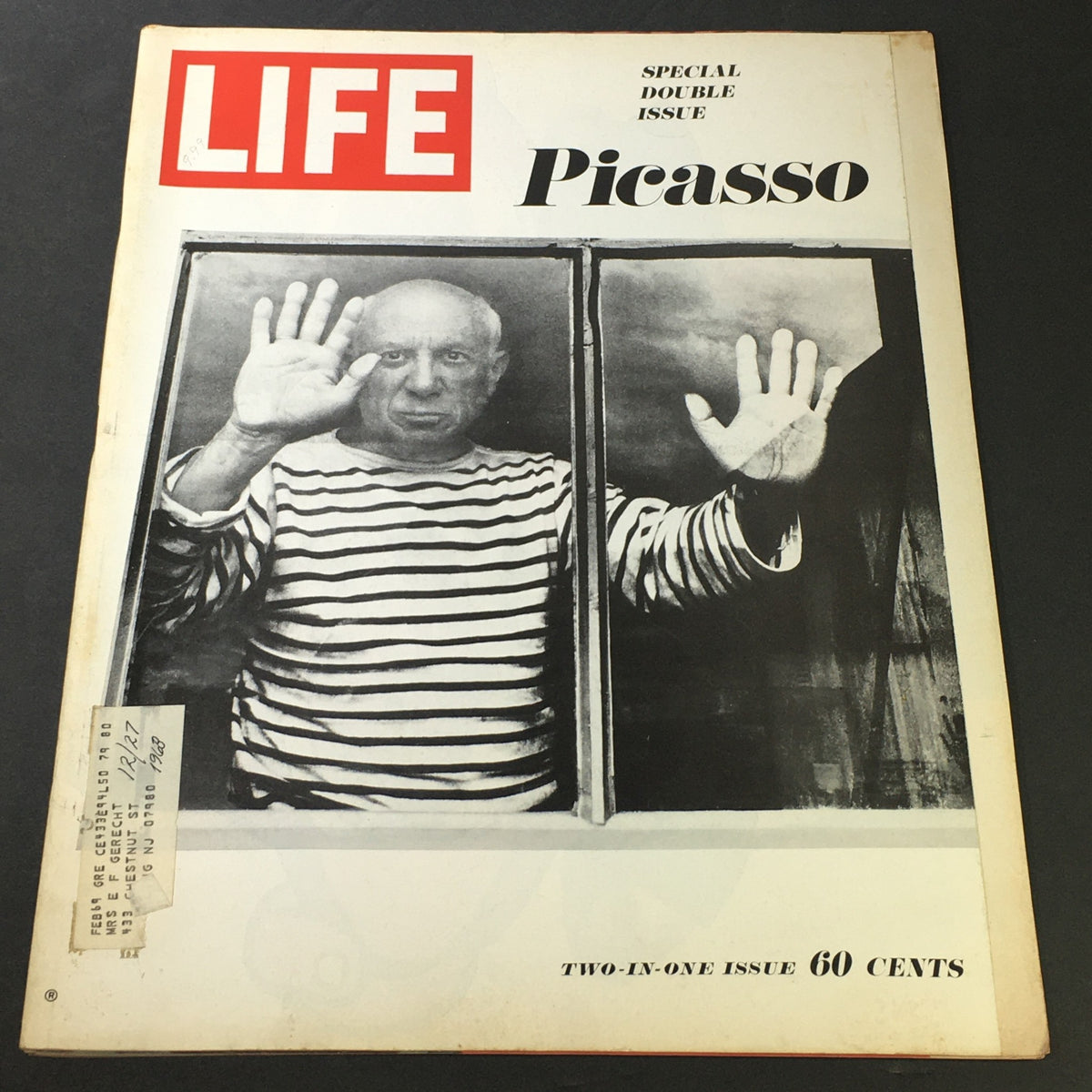 Cover of VTG Life Magazine December 27 1968 - Special Issue featuring Spanish Painter Pablo Picasso, showcasing a black and white photograph of Picasso with his hands raised, wearing a striped shirt.