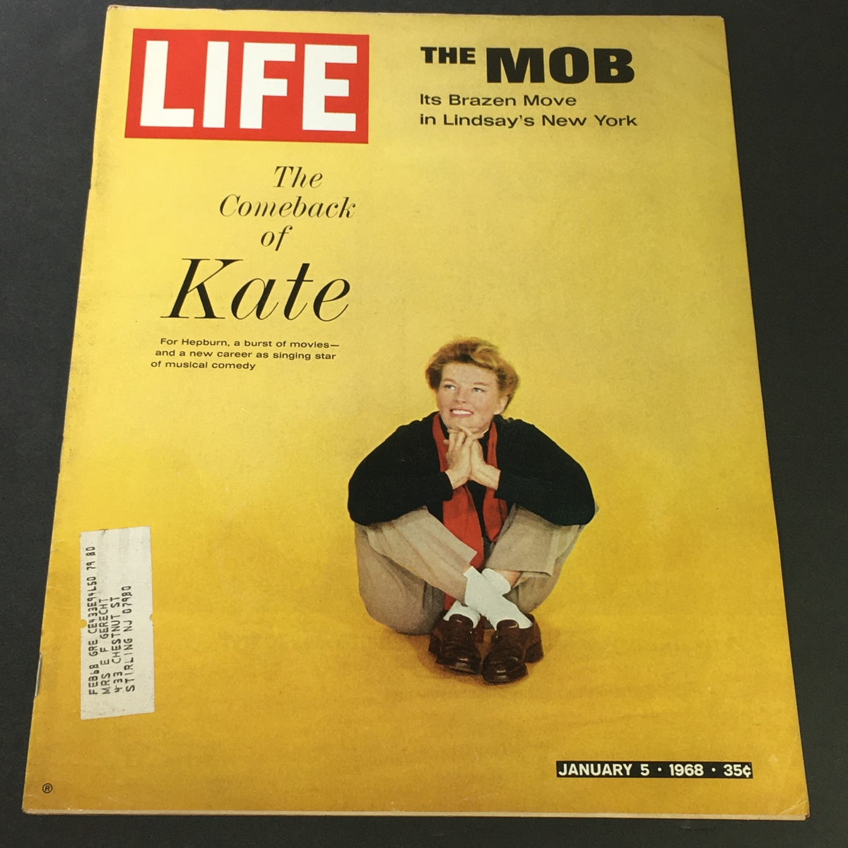 Vintage Life Magazine cover from January 5, 1968, featuring 'The Comeback of Katharine Hepburn' and an article about 'The Mob'.