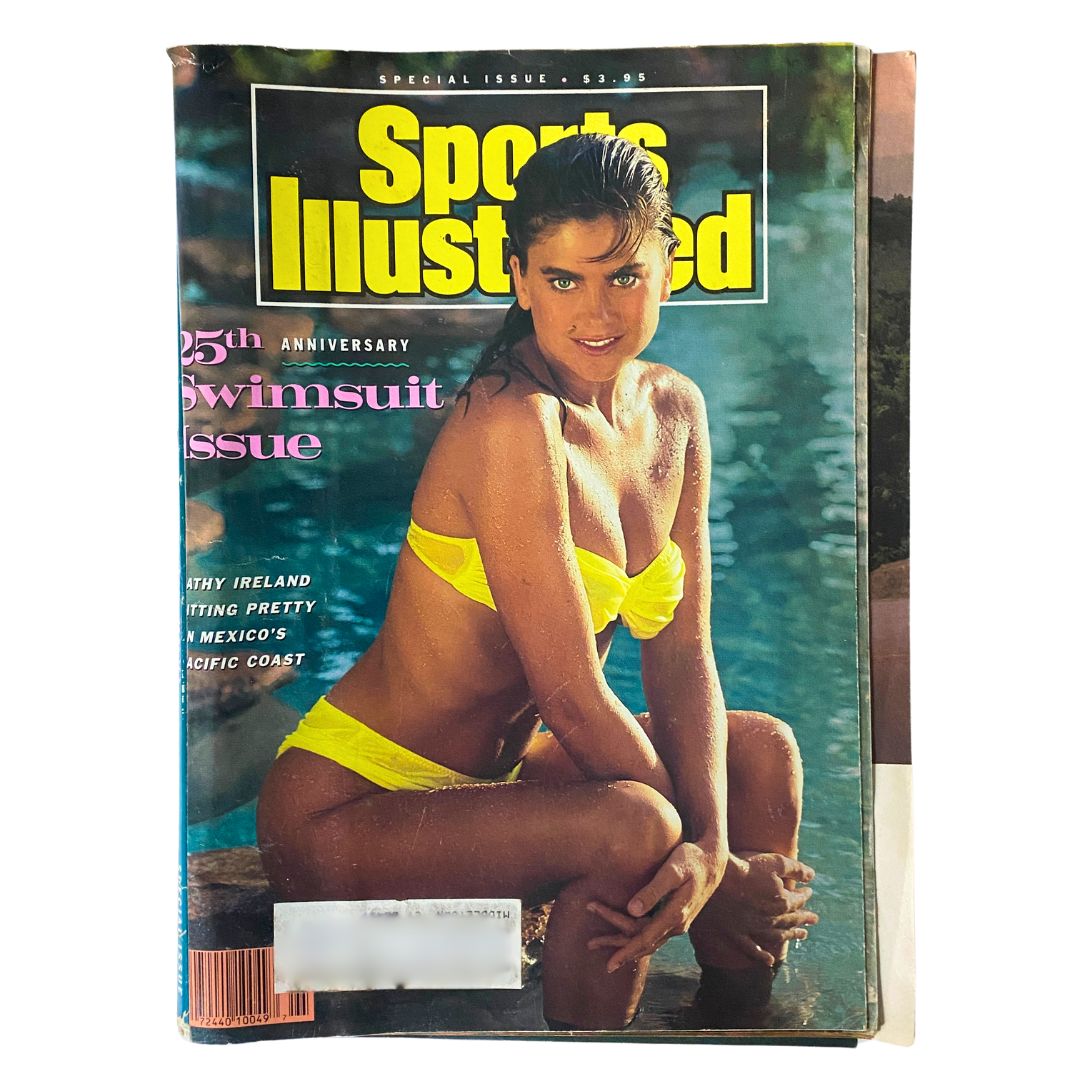 Vintage Sports Illustrated Magazine 1989 Kathy Ireland Swimsuit Issue cover, featuring Kathy Ireland in a yellow bikini, highlighting the iconic 25th Anniversary edition.