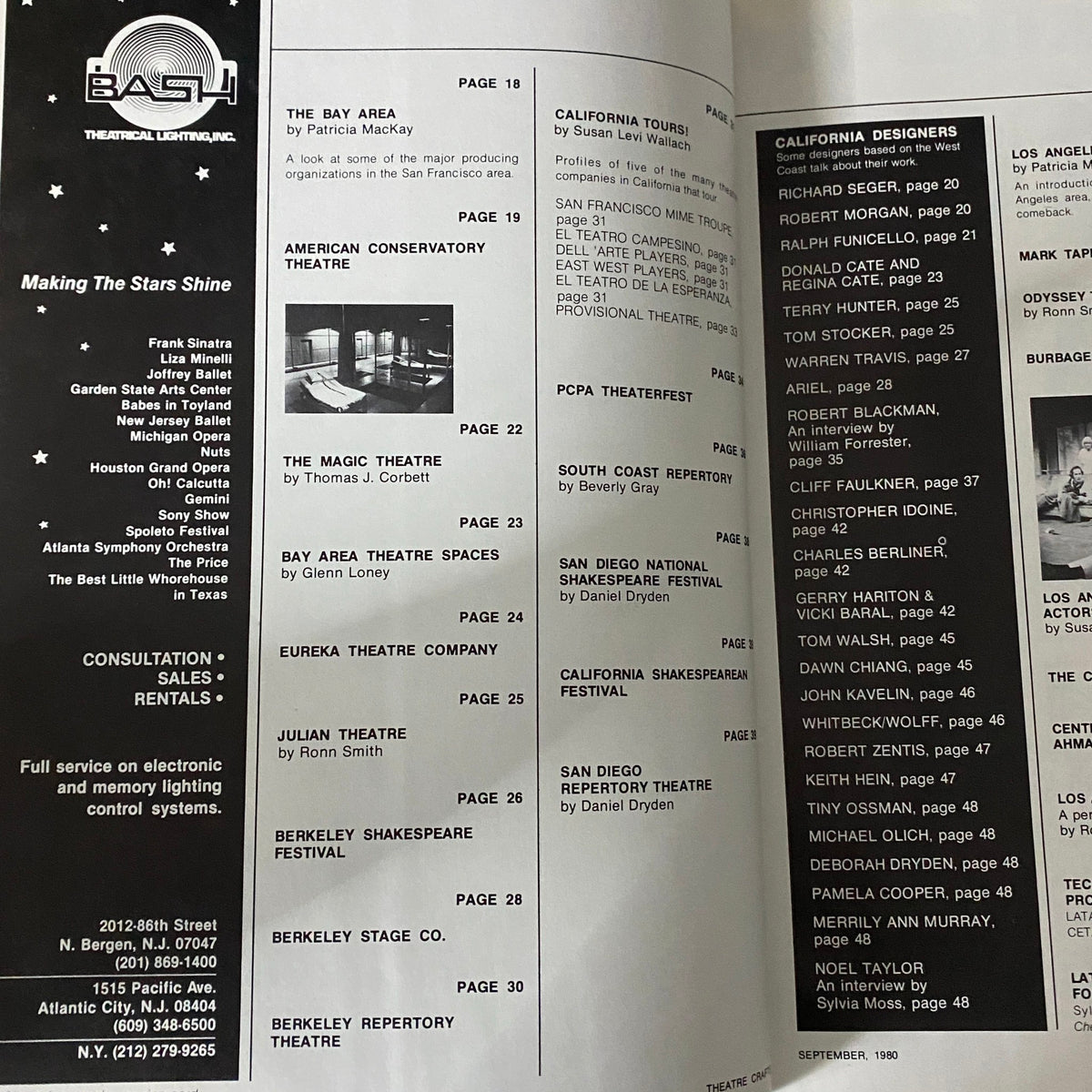 Inside page of Theatre Crafts Magazine, September 1980, showcasing an article about theatre organizations in the Bay Area including PCPA Theatrefest.