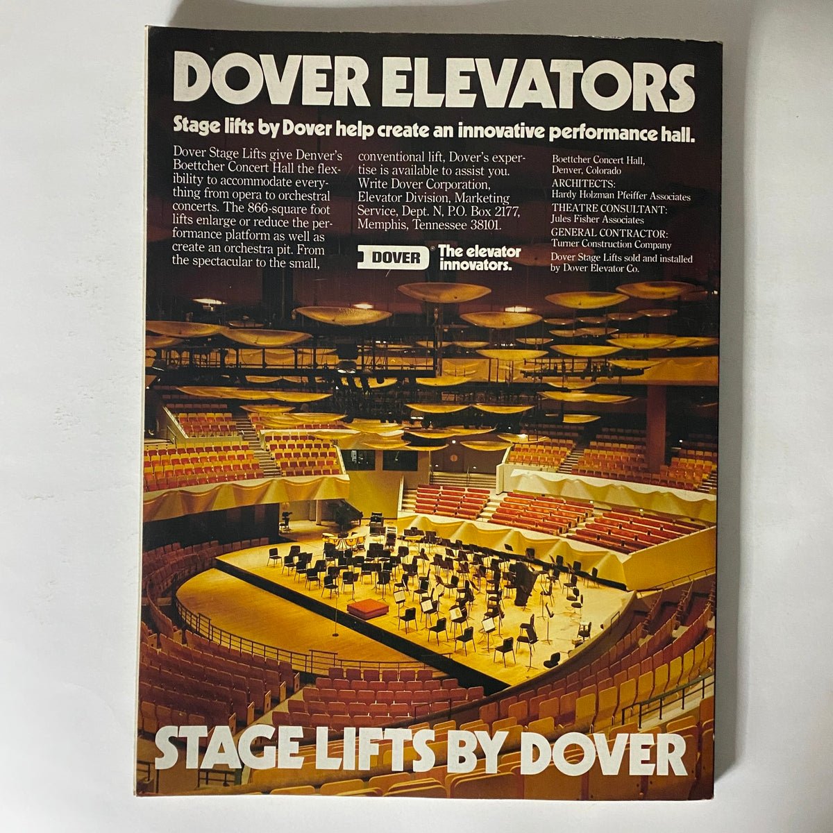 Advertising page from Theatre Crafts Magazine, September 1980, featuring Dover Elevators with an image of a concert hall and stage configuration.
