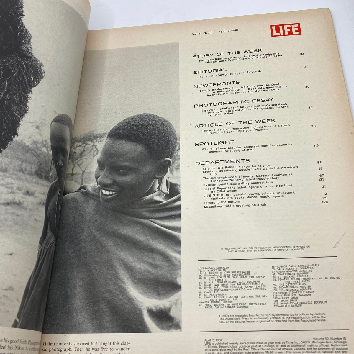 Table of contents from the April 13, 1962 issue of Life Magazine, outlining featured articles including those on Elizabeth Taylor and cultural insights from the era.