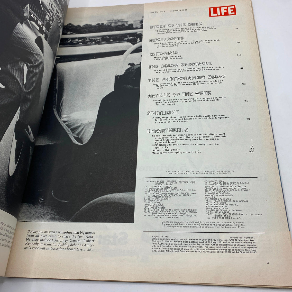 Inside page of Vintage Life Magazine August 18, 1961 showing contents including articles on Roger Maris and Mickey Mantle.