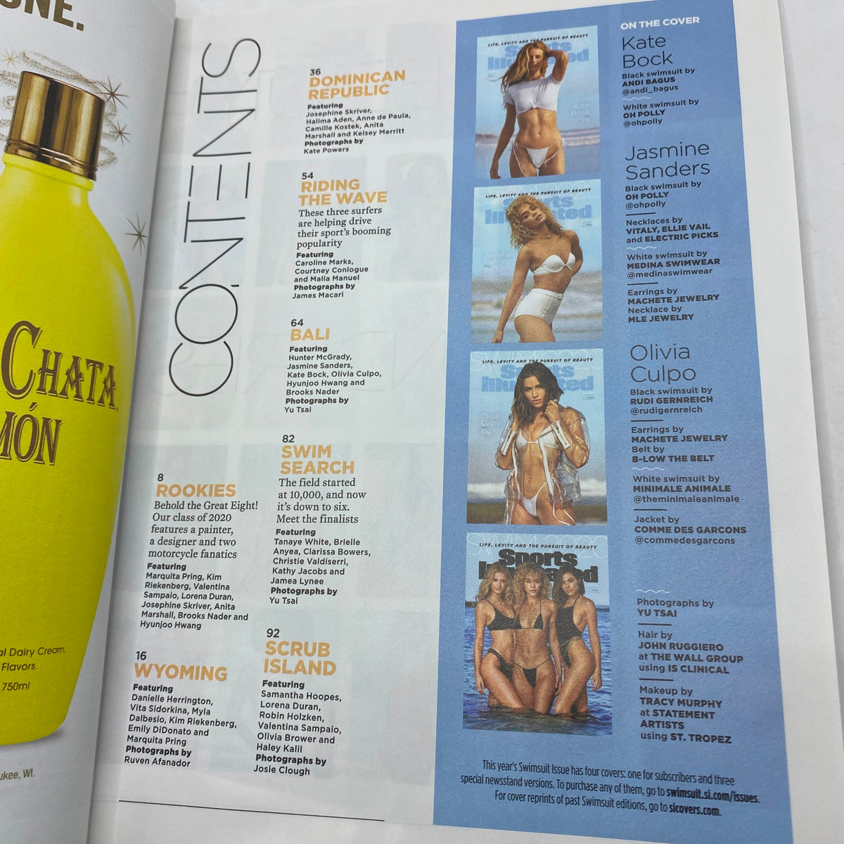 Contents page from Sports Illustrated Magazine 2020 featuring Kate Bock on the cover, along with sections highlighting Jasmine Sanders and Olivia Culpo, showcasing the beauty and athleticism of these models.