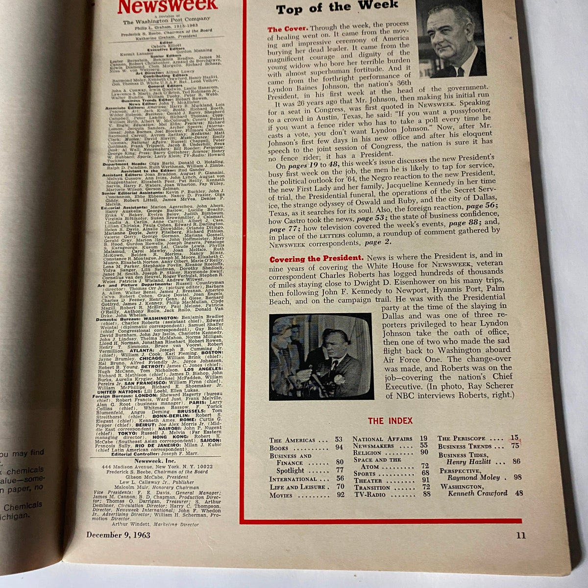 Inside page of VTG Newsweek Magazine December 9 1963, discussing President Lyndon B. Johnson's leadership following the assassination of President John F. Kennedy.
