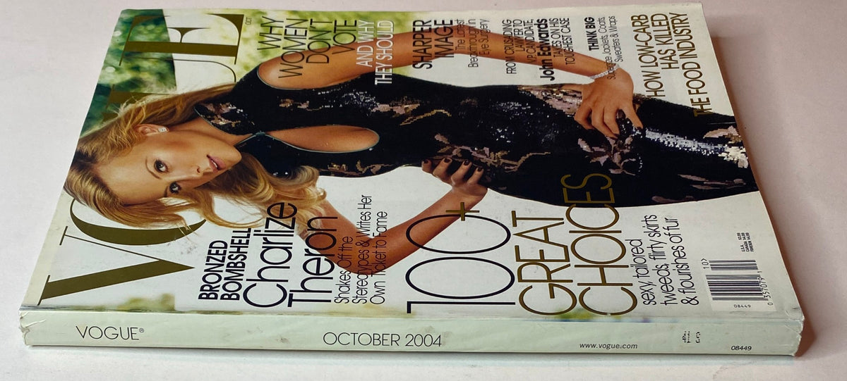 Cover of Vogue Magazine October 2004 featuring Charlize Theron, styled in a black-and-gold sequined gown, highlighting fashion trends and cultural insights.