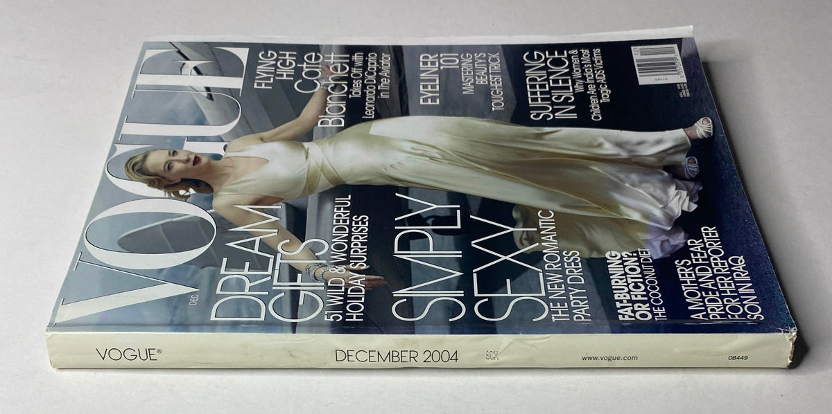Side view of Vogue Magazine December 2004 featuring Cate Blanchett on the cover, highlighting its vintage design and December themes.