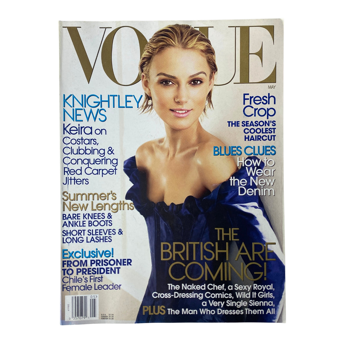 Vogue Magazine May 2006 featuring Keira Knightley on the cover, styled by Tonne Goodman with Vivienne Westwood corset dress and Chopard diamond earrings, showcasing seasonal fashion and style updates.