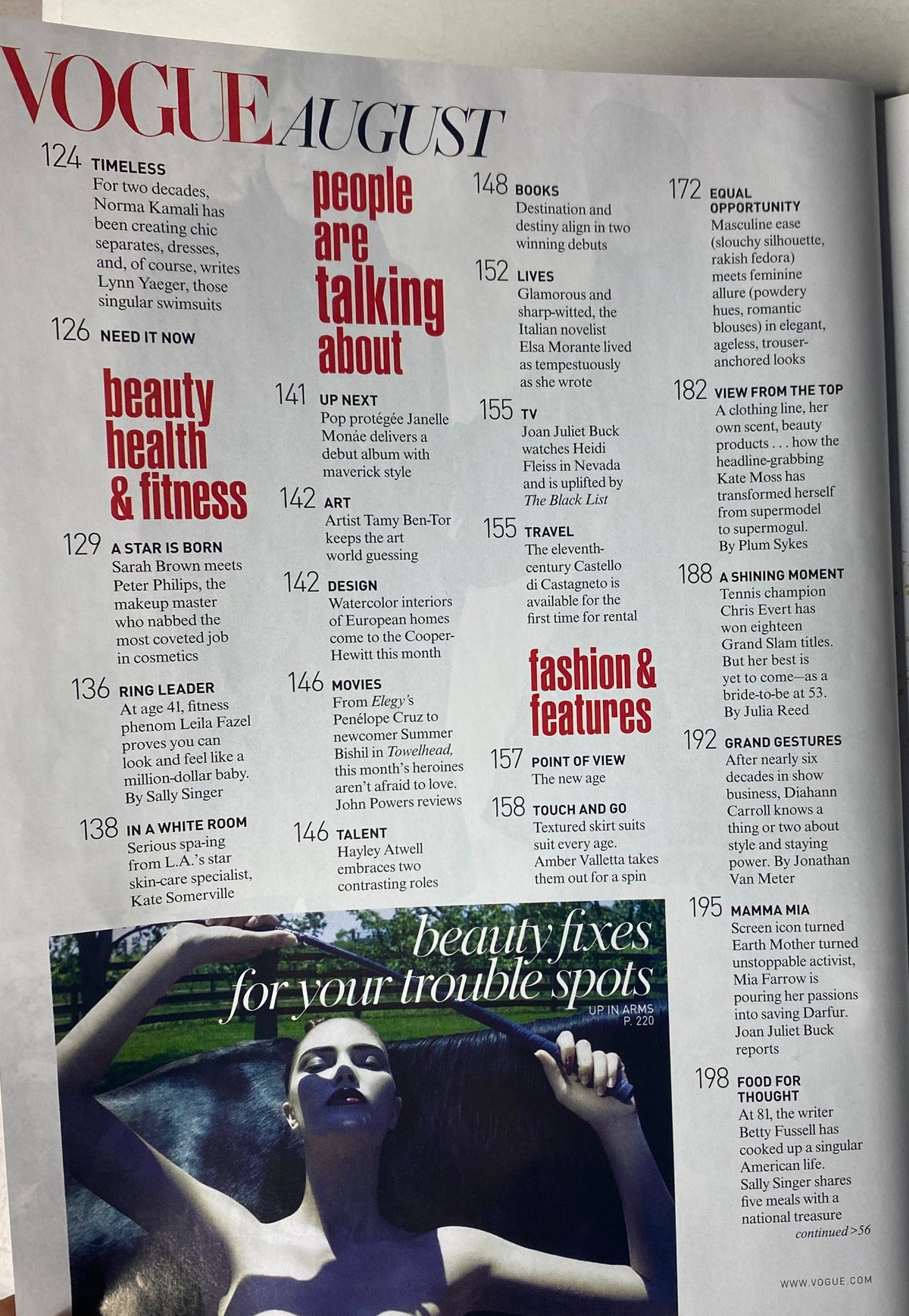 Table of contents page from Vogue Magazine August 2008, showcasing various highlights including articles on beauty, health, fashion, and influential personalities.