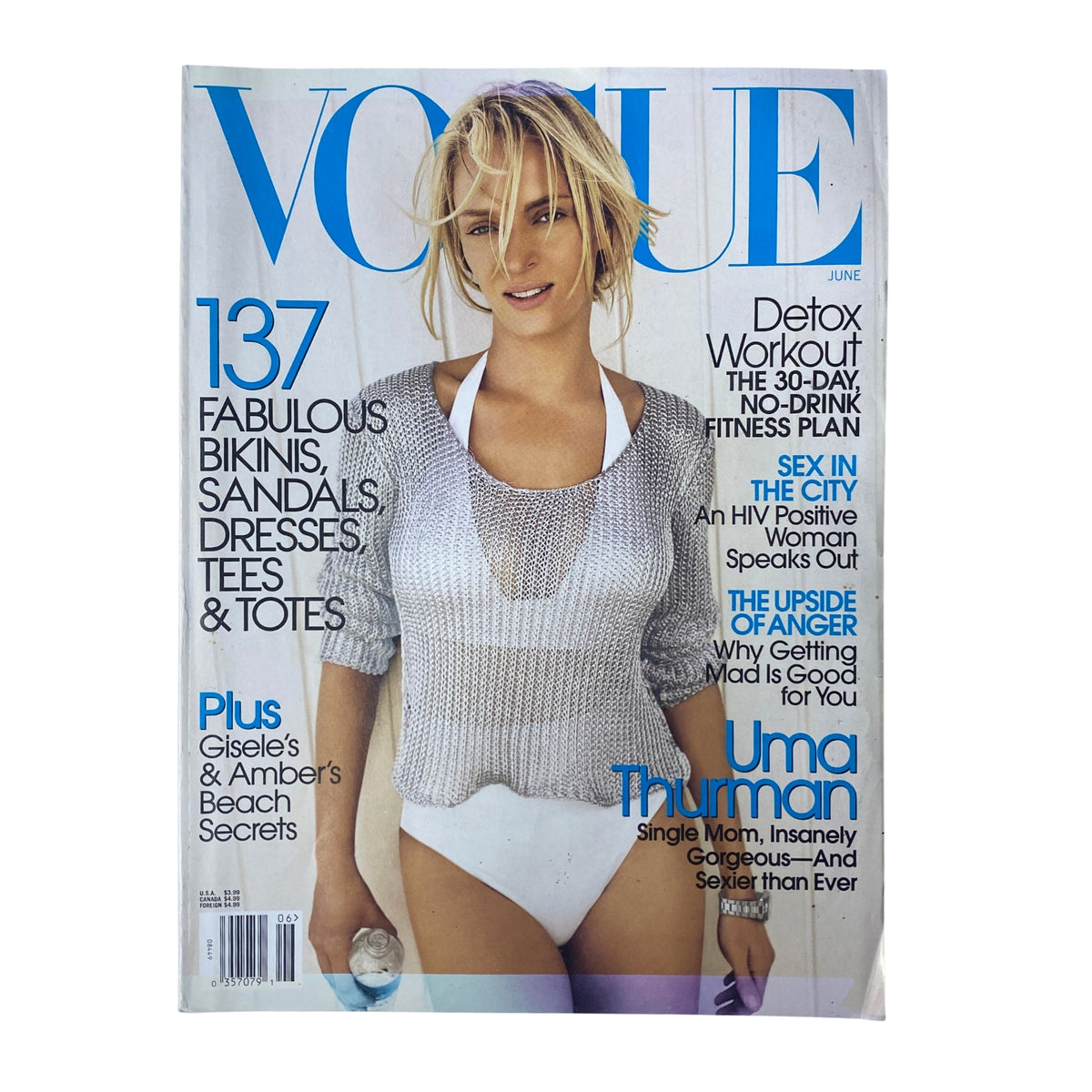 Cover of Vogue Magazine June 2006 featuring Uma Thurman in a stylish swimsuit, showcasing summer fashion trends and the magazine's signature editorial style, titled 'Vogue Magazine June 2006 Uma Thurman Cover No Label VG'.