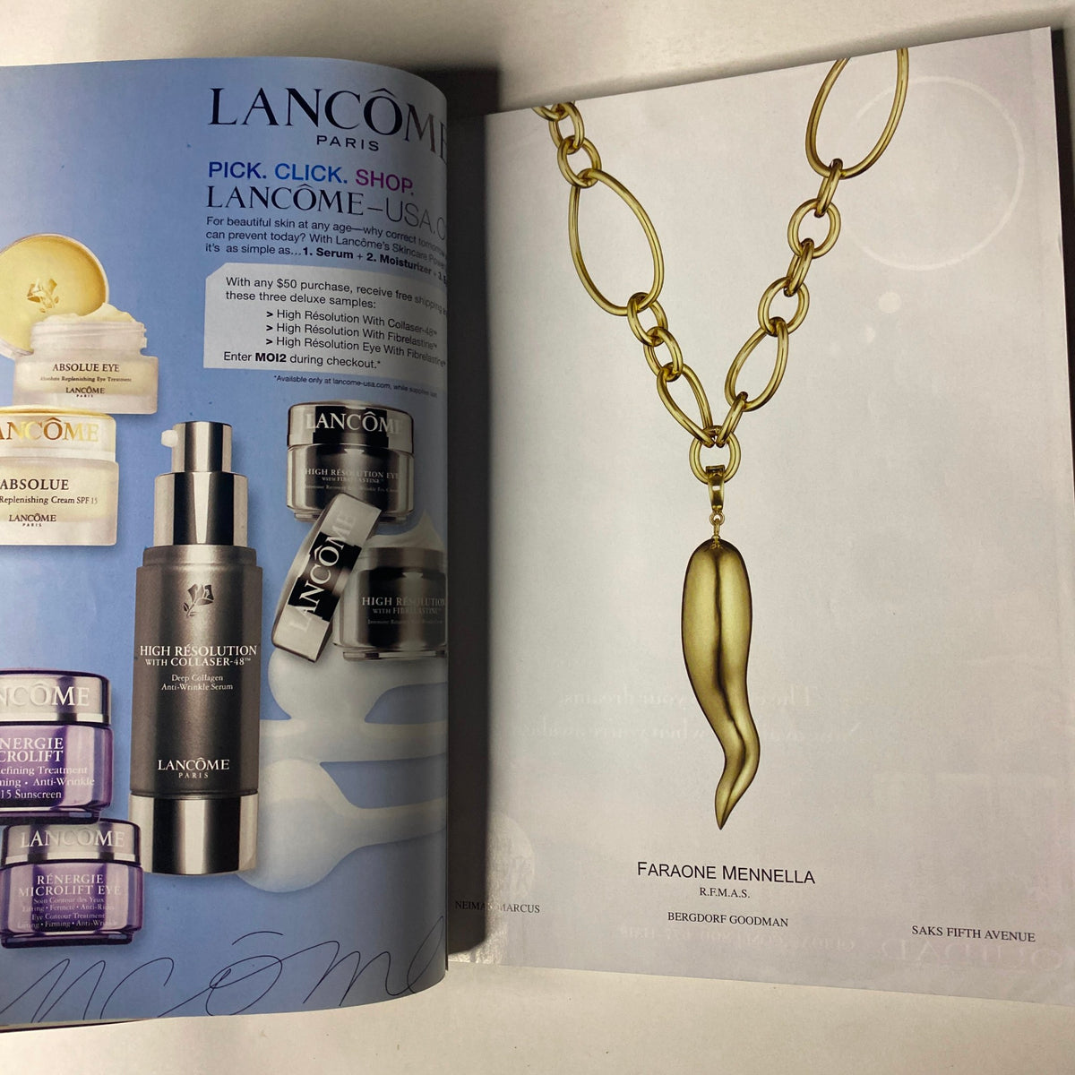Advertisement page in Vogue Magazine June 2006 featuring Lancome products including skincare and accessories, showcasing luxury beauty alongside fashion articles in the issue with Uma Thurman on the cover, titled 'Vogue Magazine June 2006 Uma Thurman Cover No Label VG'.