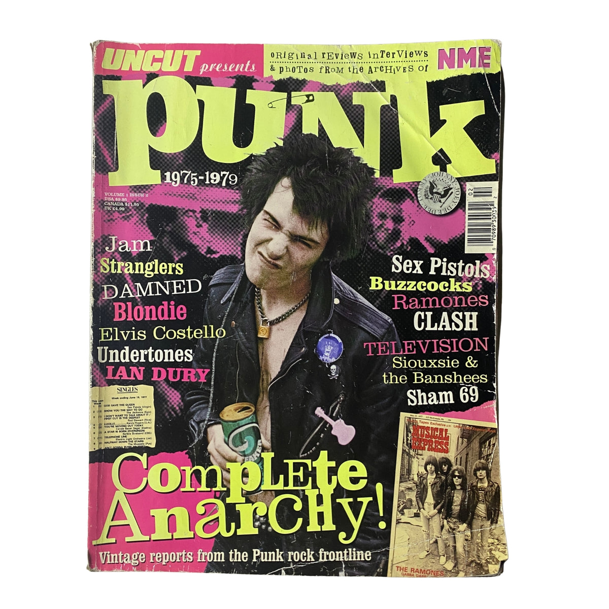 Cover of Uncut Magazine Presents NME Originals Vol 1 Issue 2 featuring Sid Vicious. The magazine highlights major punk rock icons and includes mentions of bands like Sex Pistols, Jam, Stranglers, and more, alongside vibrant graphics and the title 'Complete Anarchy! Vintage reports from the Punk rock frontline'.
