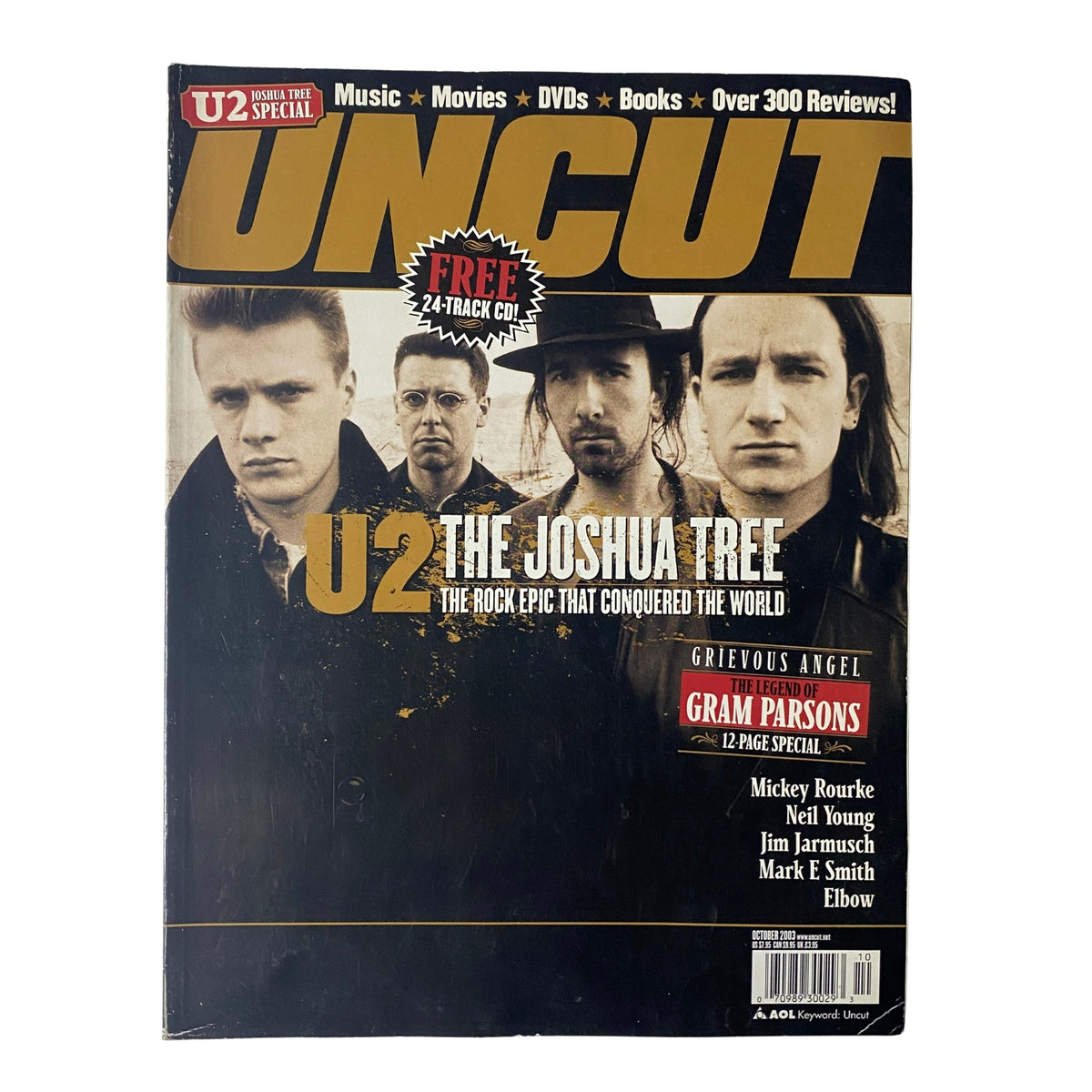 Cover of Uncut Magazine, October 2003 issue featuring U2 The Joshua Tree, spotlighting the iconic album with a special feature. Includes notable articles on Neil Young, Mickey Rourke, Jim Jarmusch, and others.