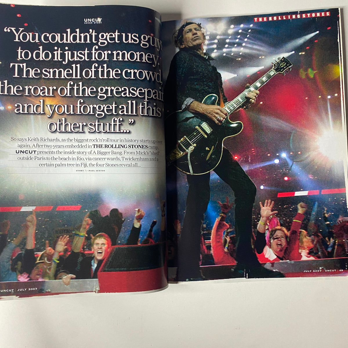 Feature spread in Uncut Magazine July 2007 showcasing Keith Richards performing on stage with fans, celebrating The Rolling Stones' legacy.