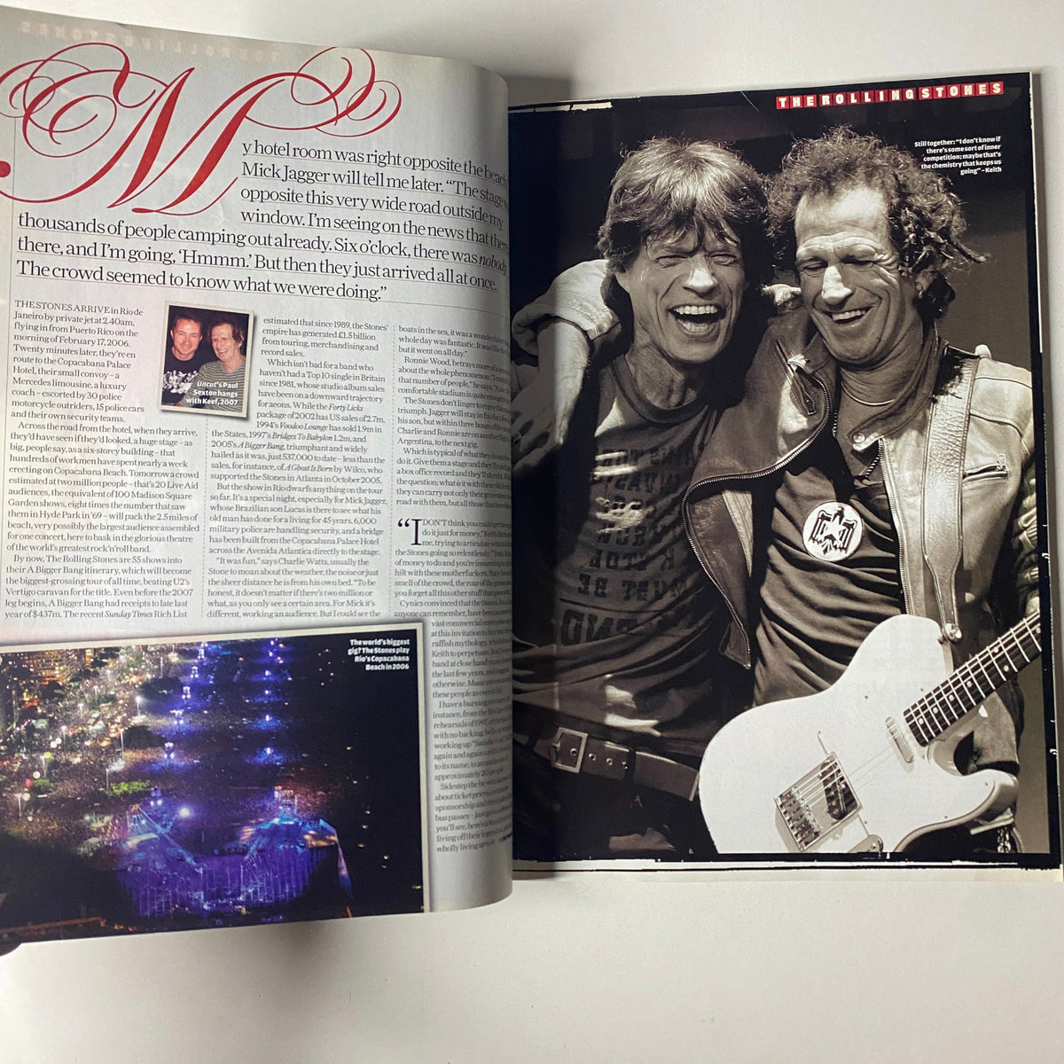 Inside spread of Uncut Magazine July 2007 featuring Mick Jagger and Keith Richards together, reflecting on their musical journey with a captivating photograph.