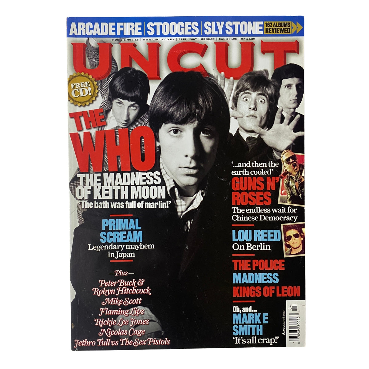 Uncut UK Magazine April 2007 featuring The Who on the cover, celebrating Keith Moon with headlines about legendary rock moments and notable bands including Guns N' Roses and Arcade Fire.