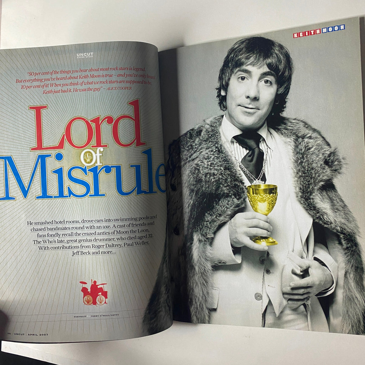 Full-page feature in Uncut UK Magazine April 2007 titled 'Lord of Misrule,' showcasing Keith Moon with a vintage style, discussing his larger-than-life persona and contributions to music.