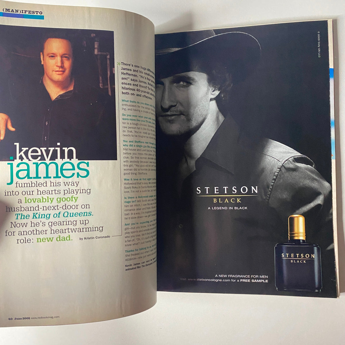 An article spread from Redbook Magazine June 2005 showcasing celebrity Kevin James, discussing his film roles and family life, along with a Stetson fragrance ad with Tim McGraw.