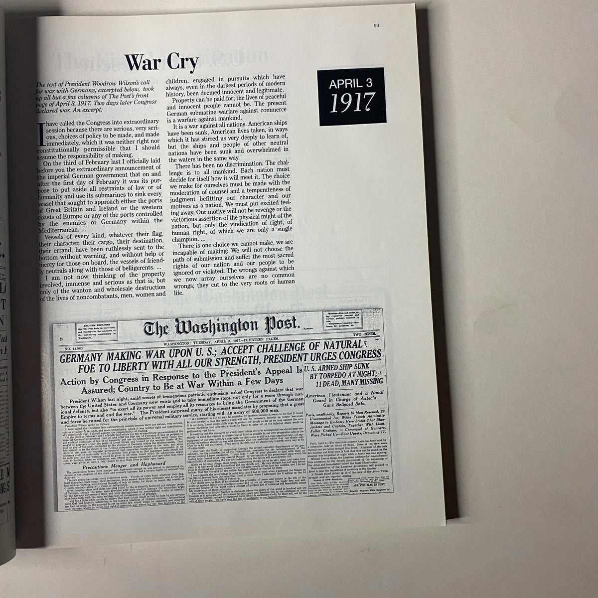 Image from The Washington Post Magazine 1999 titled 'The Century: Capital's Newspaper.' The page features a historical newspaper article titled 'War Cry' dated April 3, 1917.