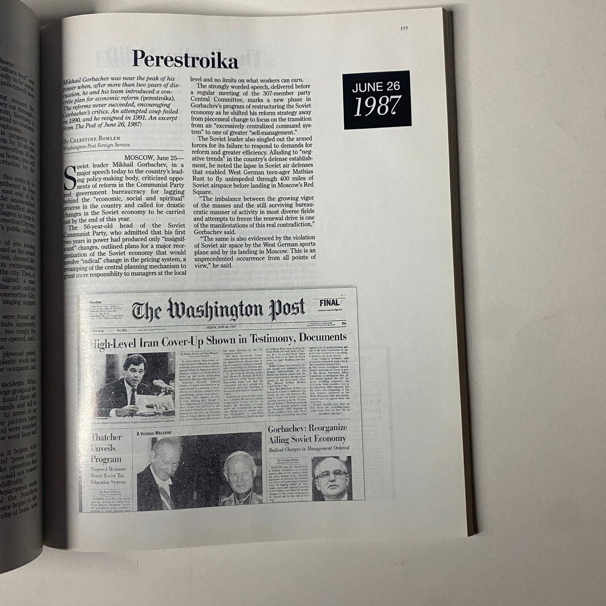 Image from The Washington Post Magazine 1999 titled 'The Century: Capital's Newspaper.' The page displays an article on 'Perestroika' with a newspaper excerpt from June 26, 1987.