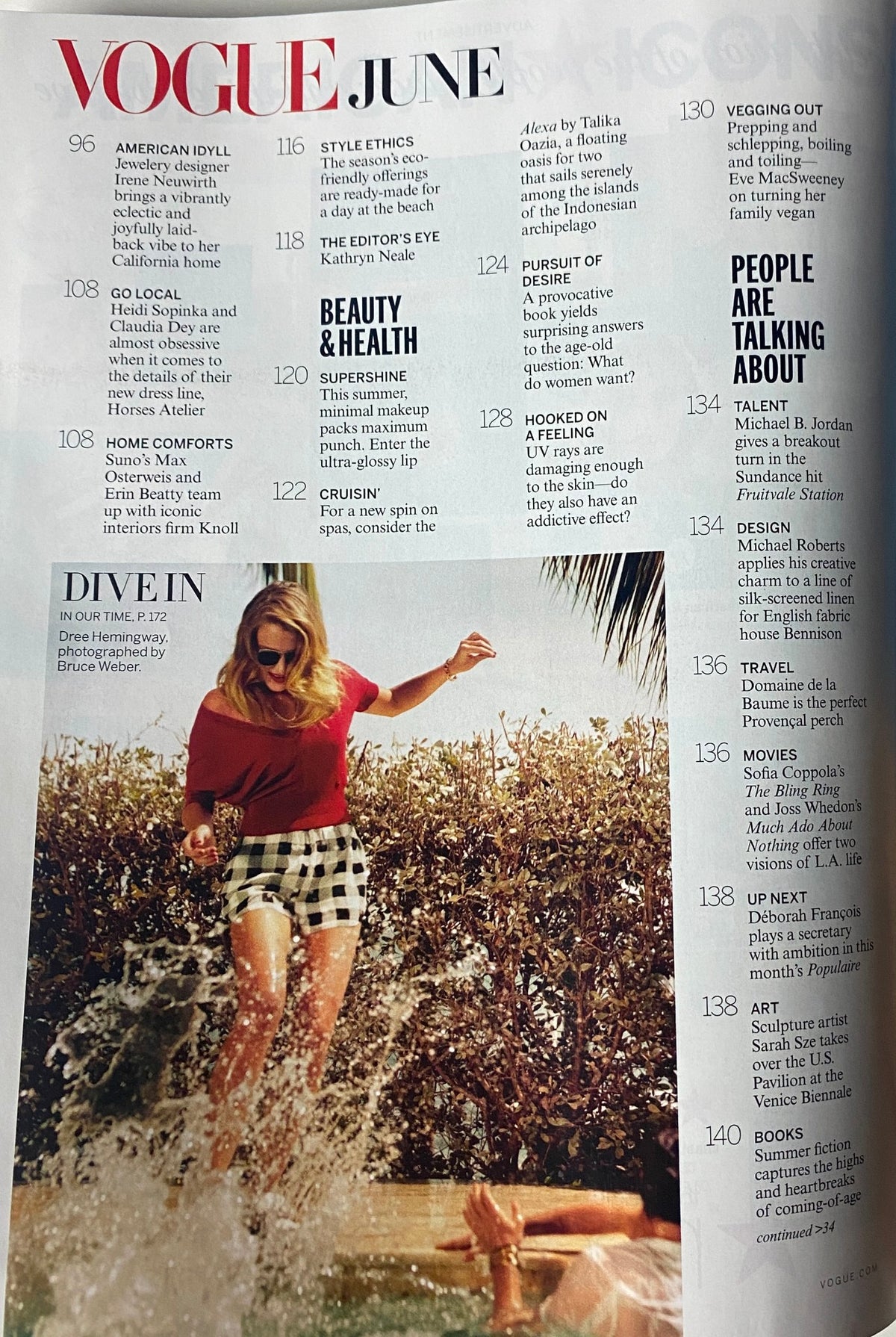 Vogue Magazine June 2013 featuring a fashion spread titled 'Dive In' showcasing model Dree Hemingway photographed by Bruce Weber. Highlights include summer styles and contemporary culture.