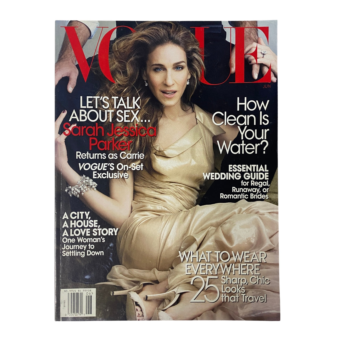 Cover of Vogue Magazine, June 2008 featuring Sarah Jessica Parker. The image showcases Parker in a glamorous pose wearing a flowing dress, promoting the Sex and the City film. The text highlights articles on wedding trends and fashion advice.