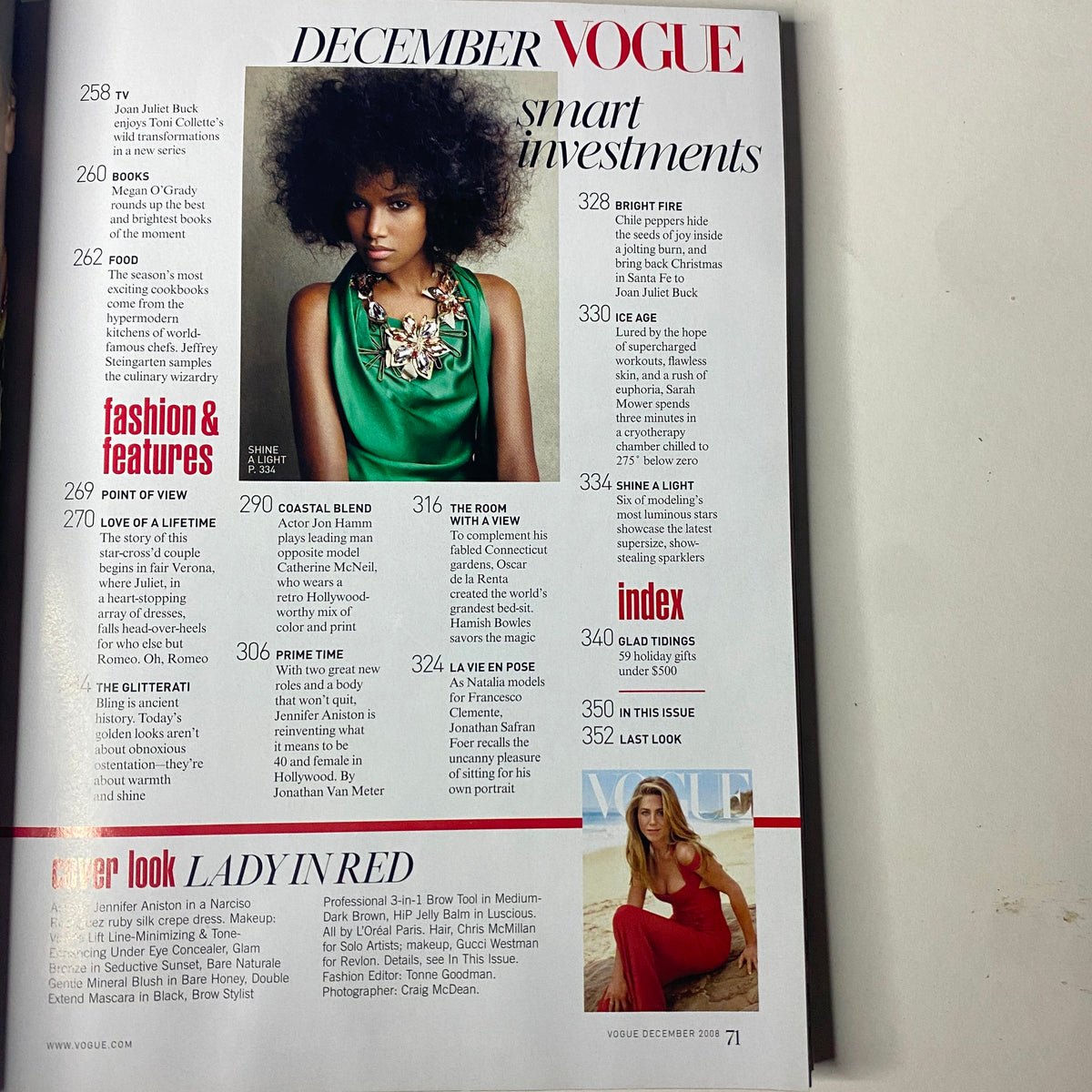 Interior page from Vogue Magazine December 2008 highlighting articles on fashion and features, including 'Love of a Lifetime' and 'Coastal Blend'.