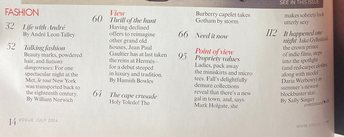 Fashion page from Vogue Magazine July 2004 showcasing articles including "Life with André" and "Thrill of the Hunt" along with other fashion highlights.