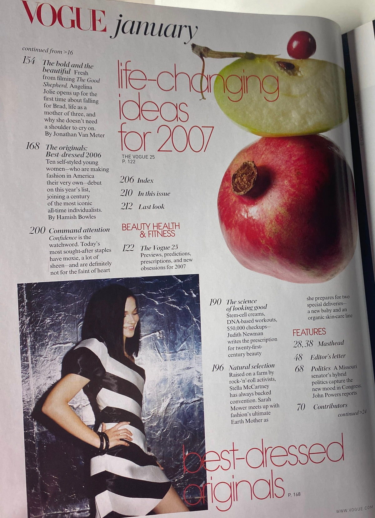 Vogue Magazine January 2007 page displaying 'life-changing ideas for 2007' and fashion features including the Best Dressed list and health insights, reflecting on Angelina Jolie's cover story.