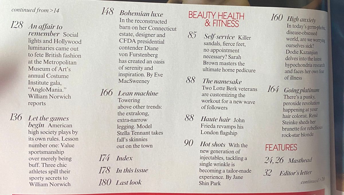 Inside page of Vogue Magazine July 2006 showcasing articles on beauty, health, and fitness, including the Bohemian luxe feature.